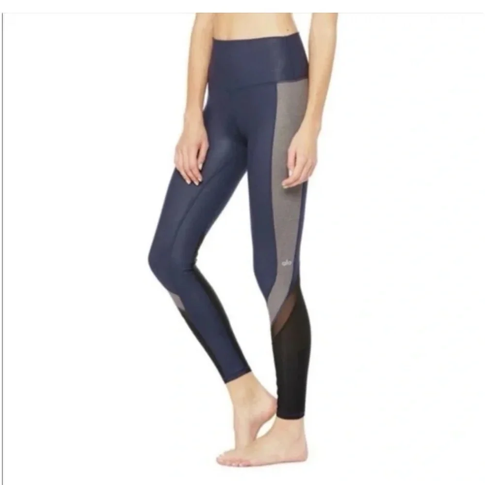 ALO Yoga Elevate Hi-Rise Leggings Navy Gray Mesh Colorblock Size XS GUC